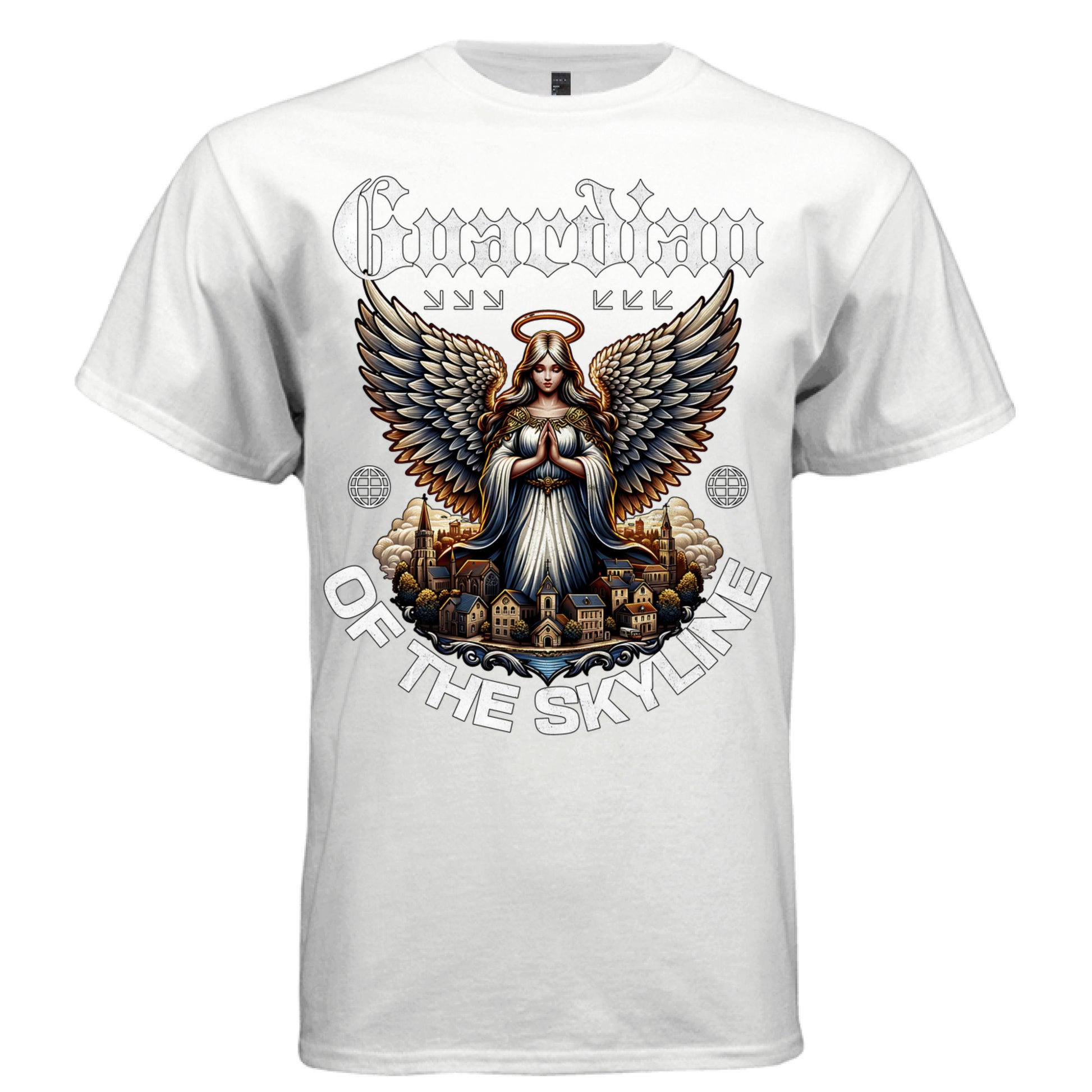 Full color female guardian angel golden halo blue robes wings over city tee Project Hood