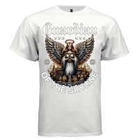 Full color female guardian angel golden halo blue robes wings over city tee Project Hood