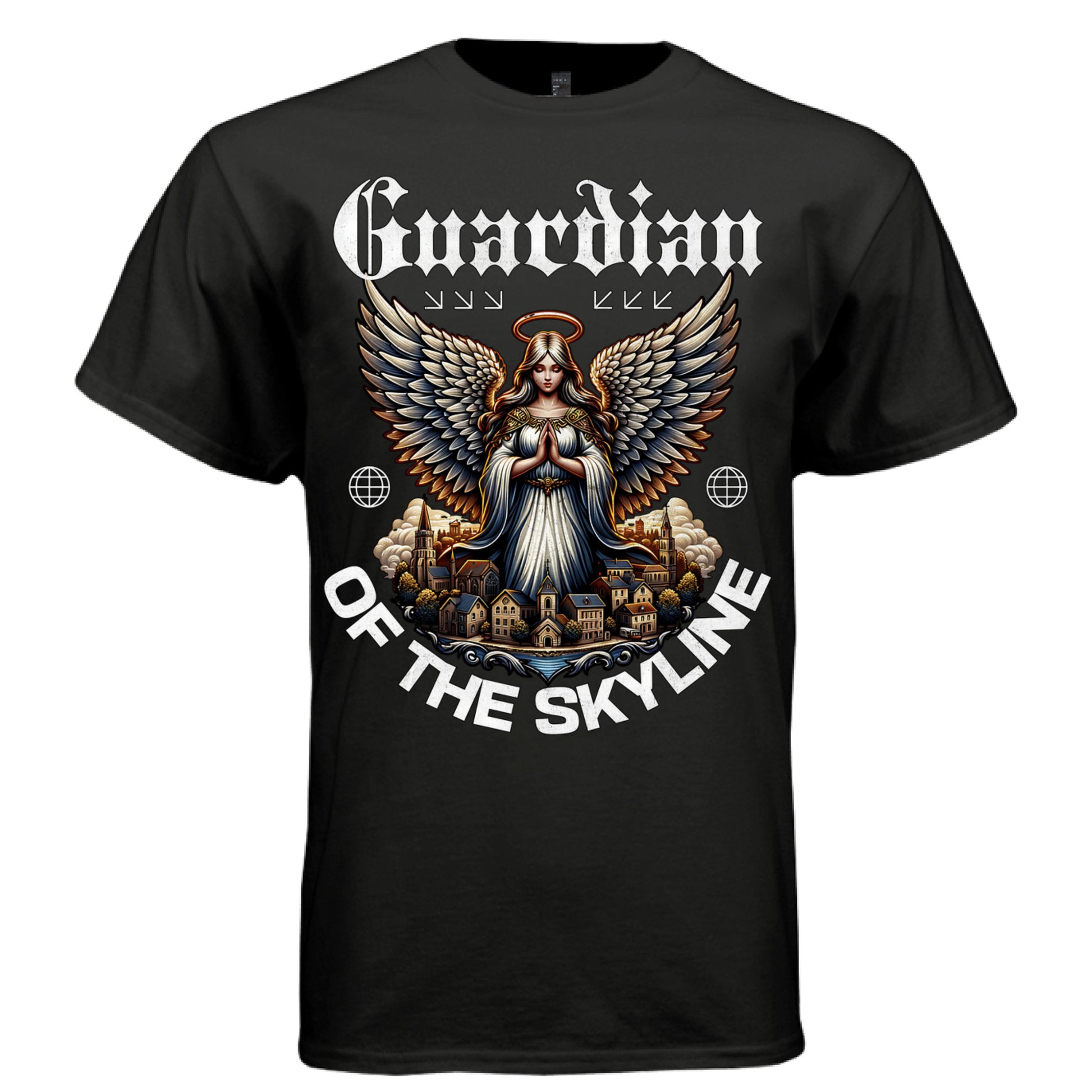 Blue and gold guardian angel multicolored wings cityscape oversized t-shirt Project Hood
