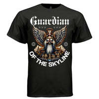 Blue and gold guardian angel multicolored wings cityscape oversized t-shirt Project Hood