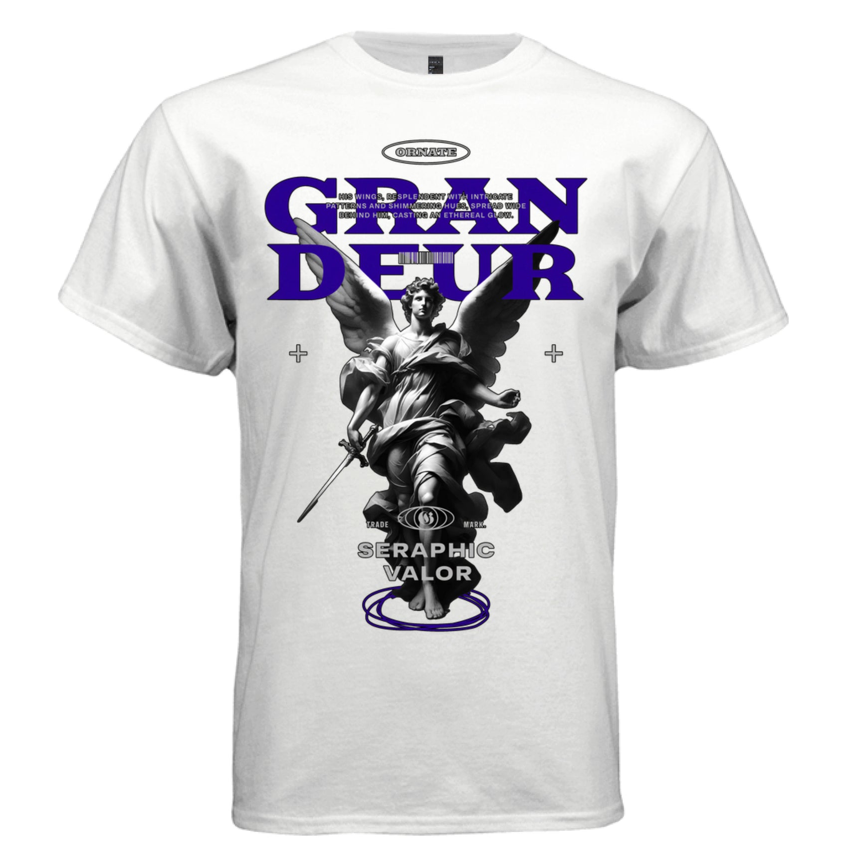 Classical baroque archangel sword standing on dark figure massive purple GRANDEUR letters tee Project Hood