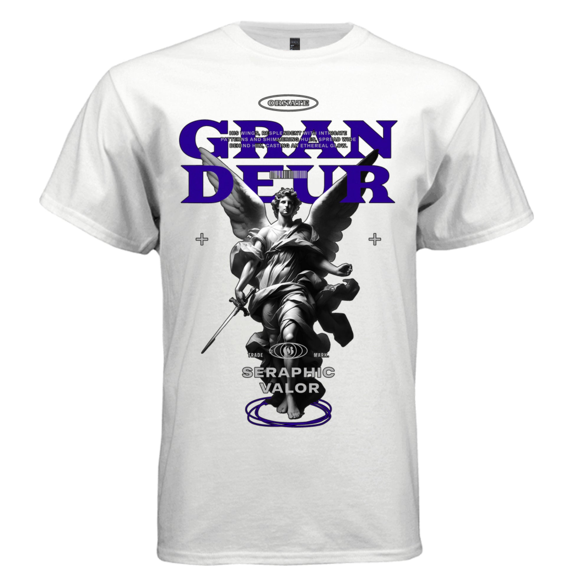 Classical baroque archangel sword standing on dark figure massive purple GRANDEUR letters tee Project Hood