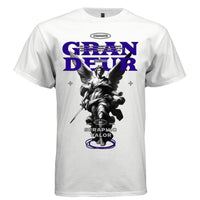 Classical baroque archangel sword standing on dark figure massive purple GRANDEUR letters tee Project Hood