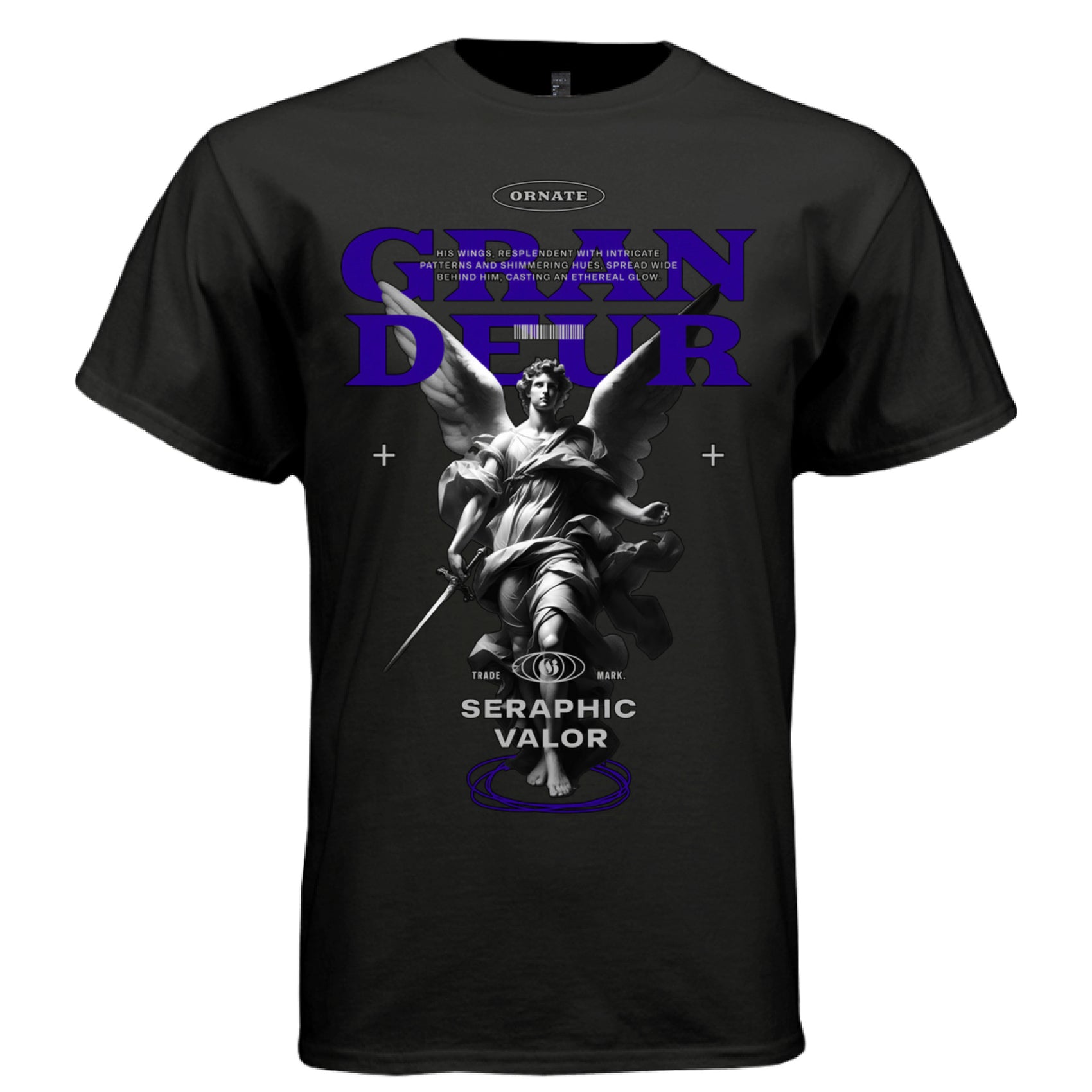 Seraphic valor triumphant angel sword deep purple black white oversized t-shirt Project Hood