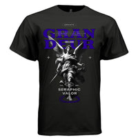 Seraphic valor triumphant angel sword deep purple black white oversized t-shirt Project Hood