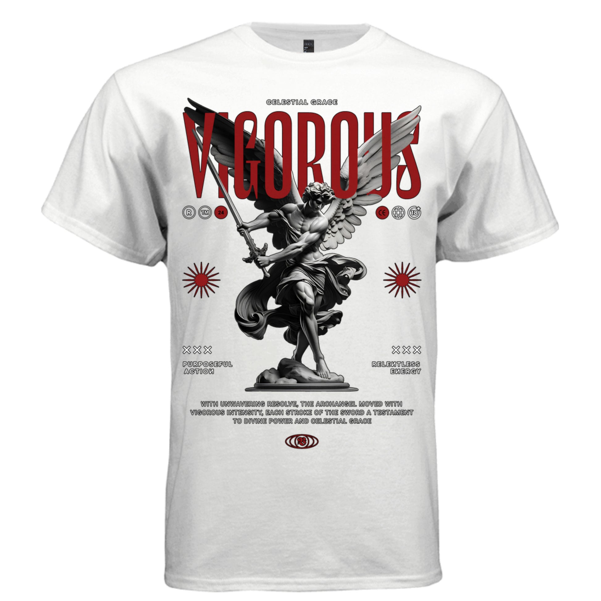 Muscular archangel sword raised red wings battle stance massive red VIGOROUS letters tee Project Hood