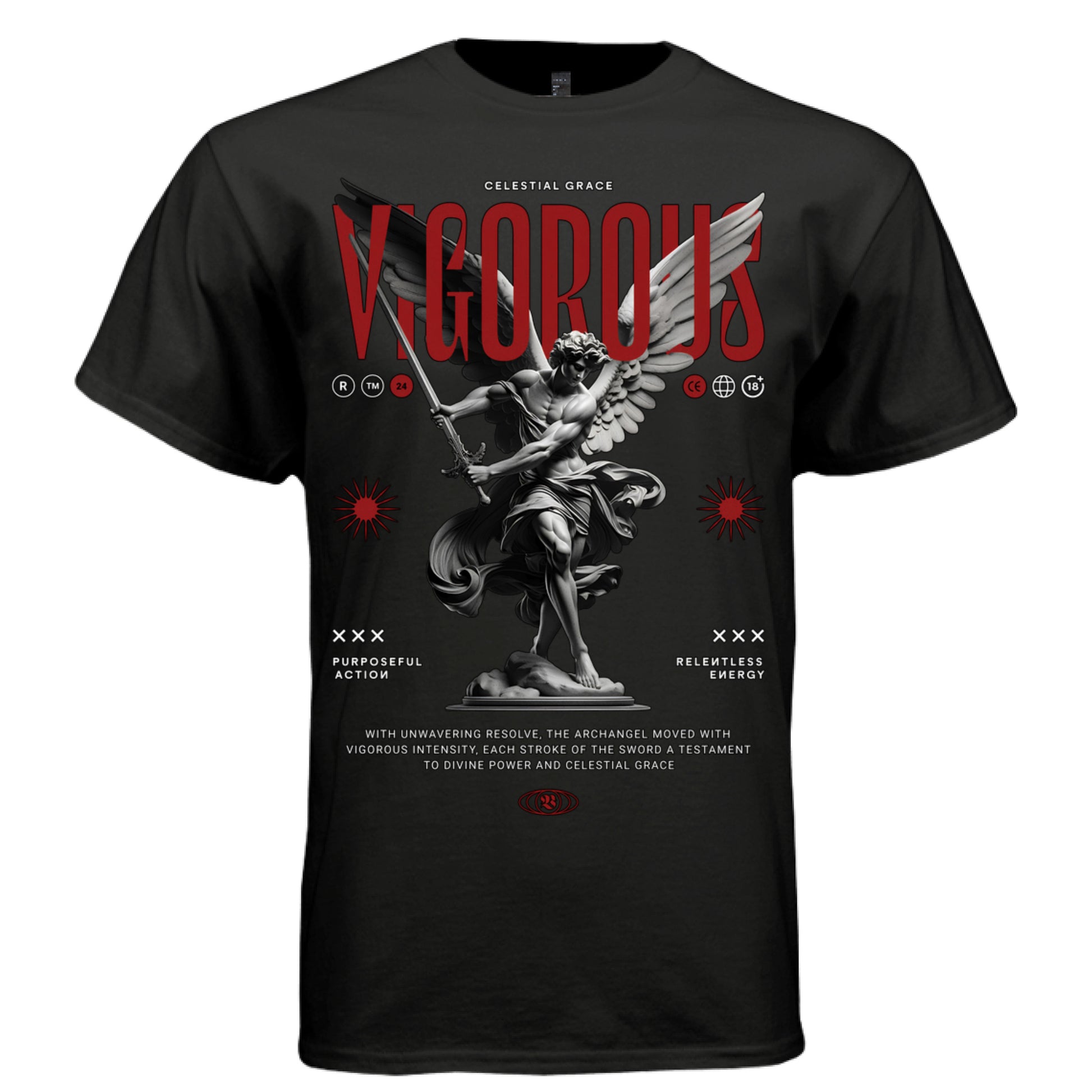 Red archangel warrior sword raised wings spread starburst icons oversized t-shirt Project Hood