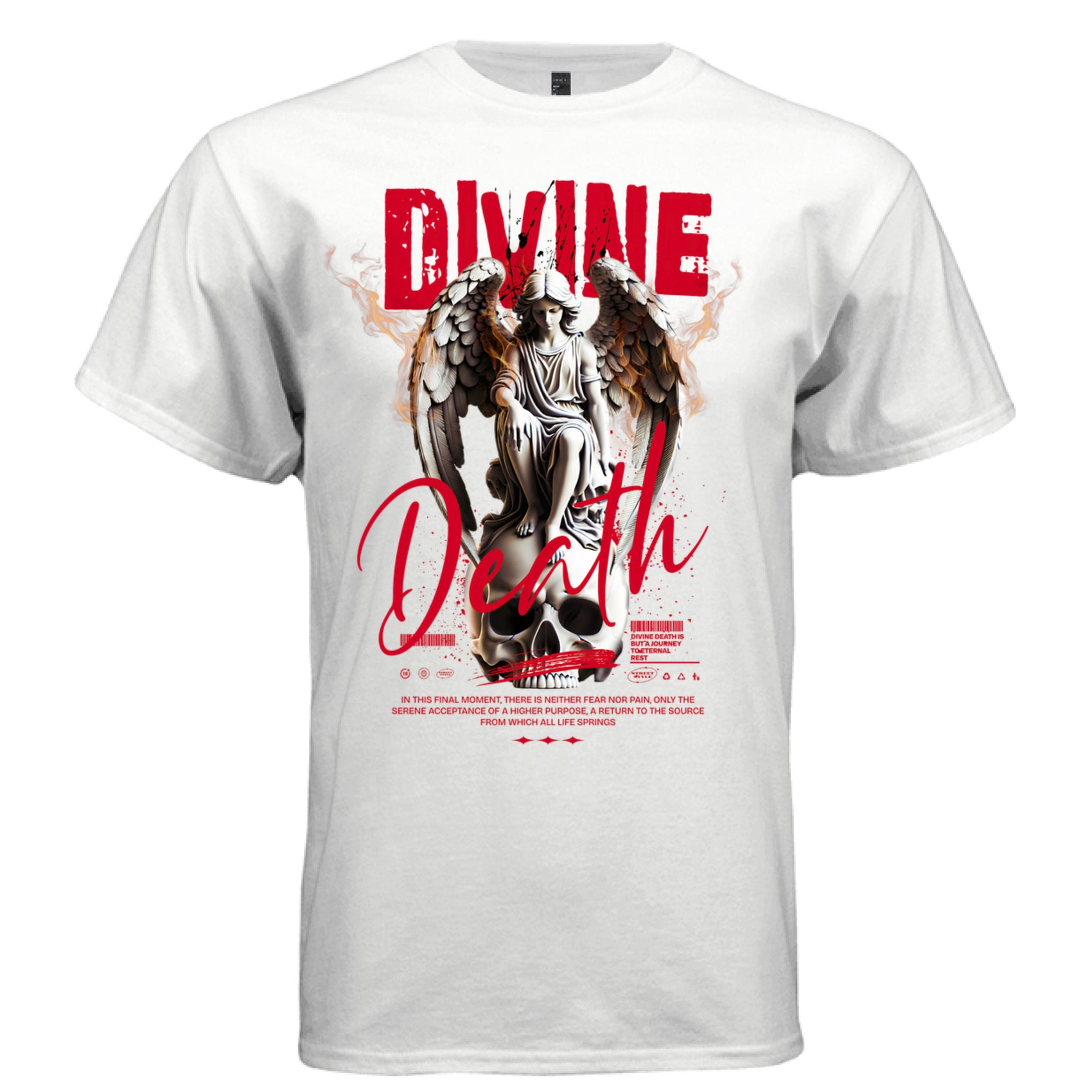 Serene marble angel seated skull fire flames red grunge DIVINE Death cursive tee Project Hood