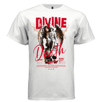 Serene marble angel seated skull fire flames red grunge DIVINE Death cursive tee Project Hood