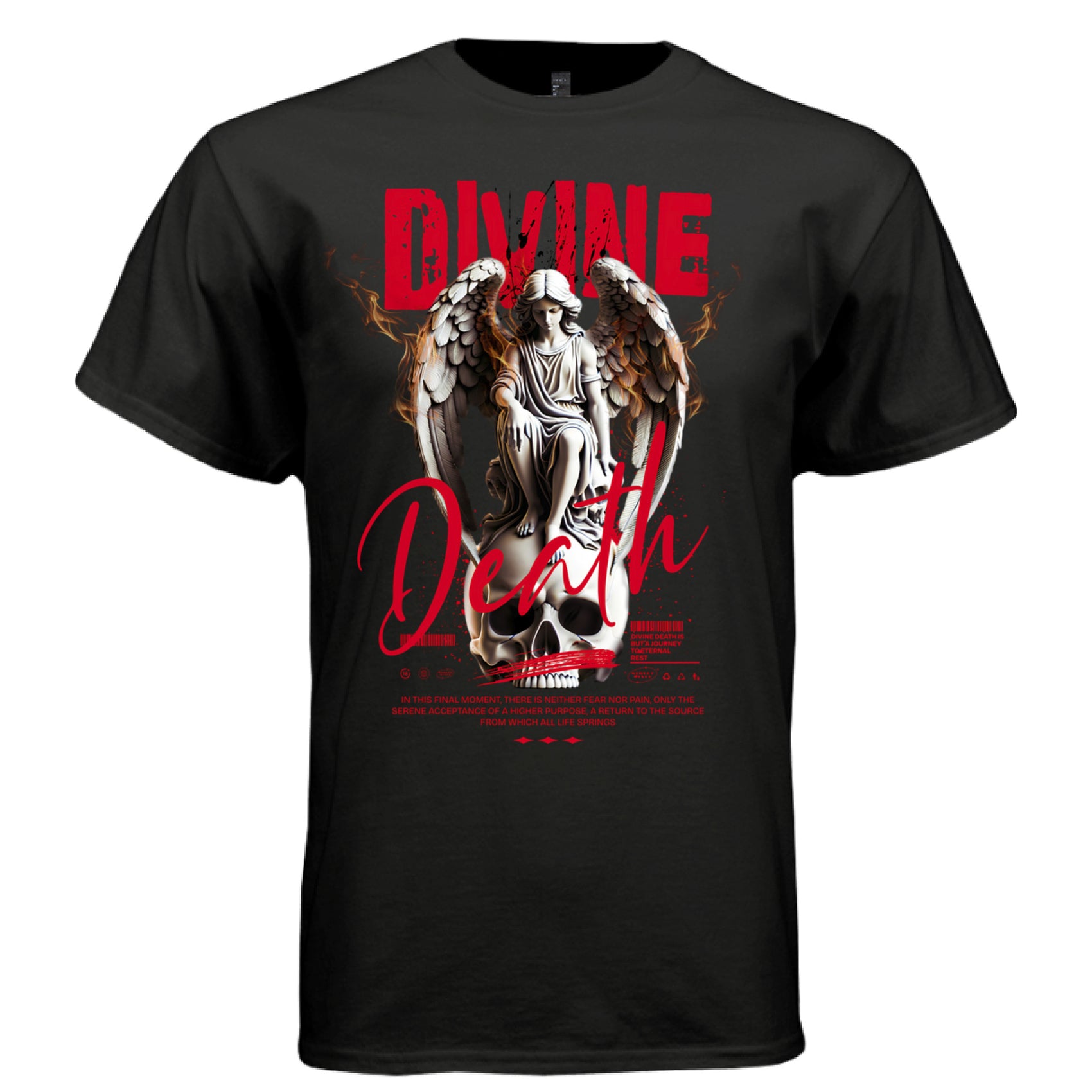 Serene angel fire wings skull throne red white divine death oversized t-shirt Project Hood