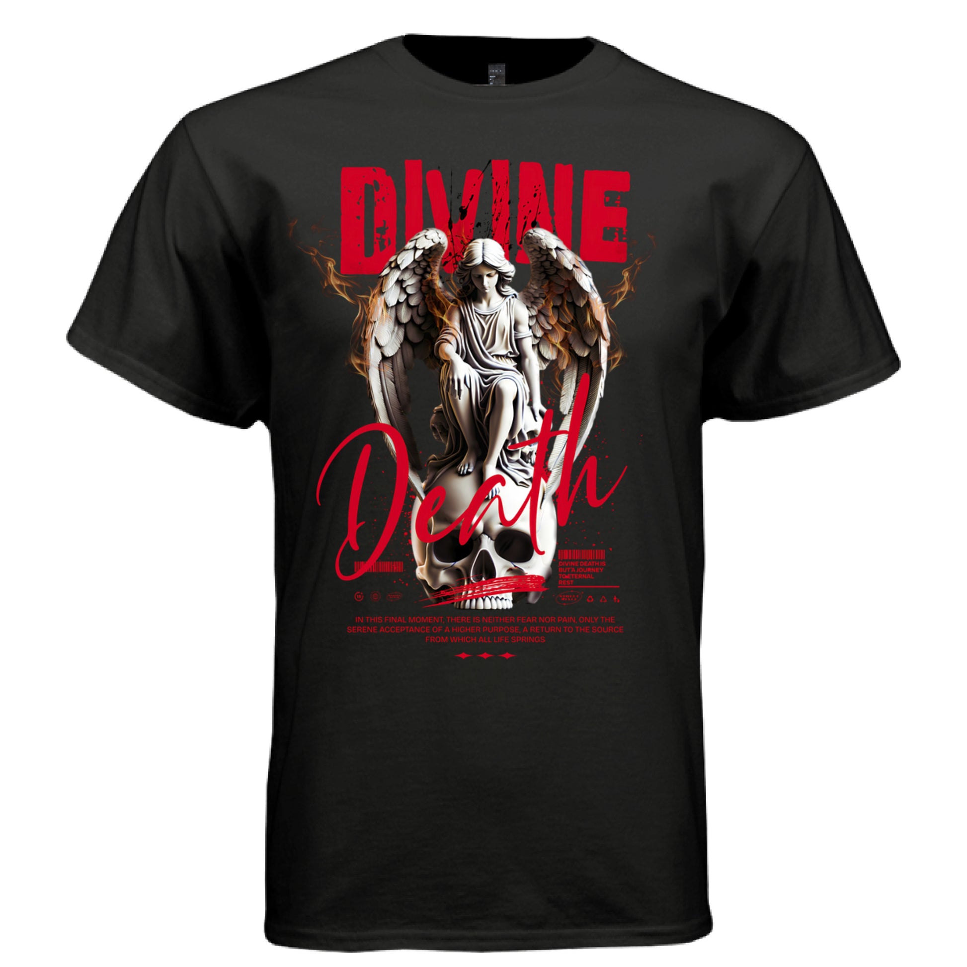Serene angel fire wings skull throne red white divine death oversized t-shirt Project Hood