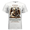 Half skull half robot cyborg angel wings halo vintage cream tan kneeling tee Project Hood