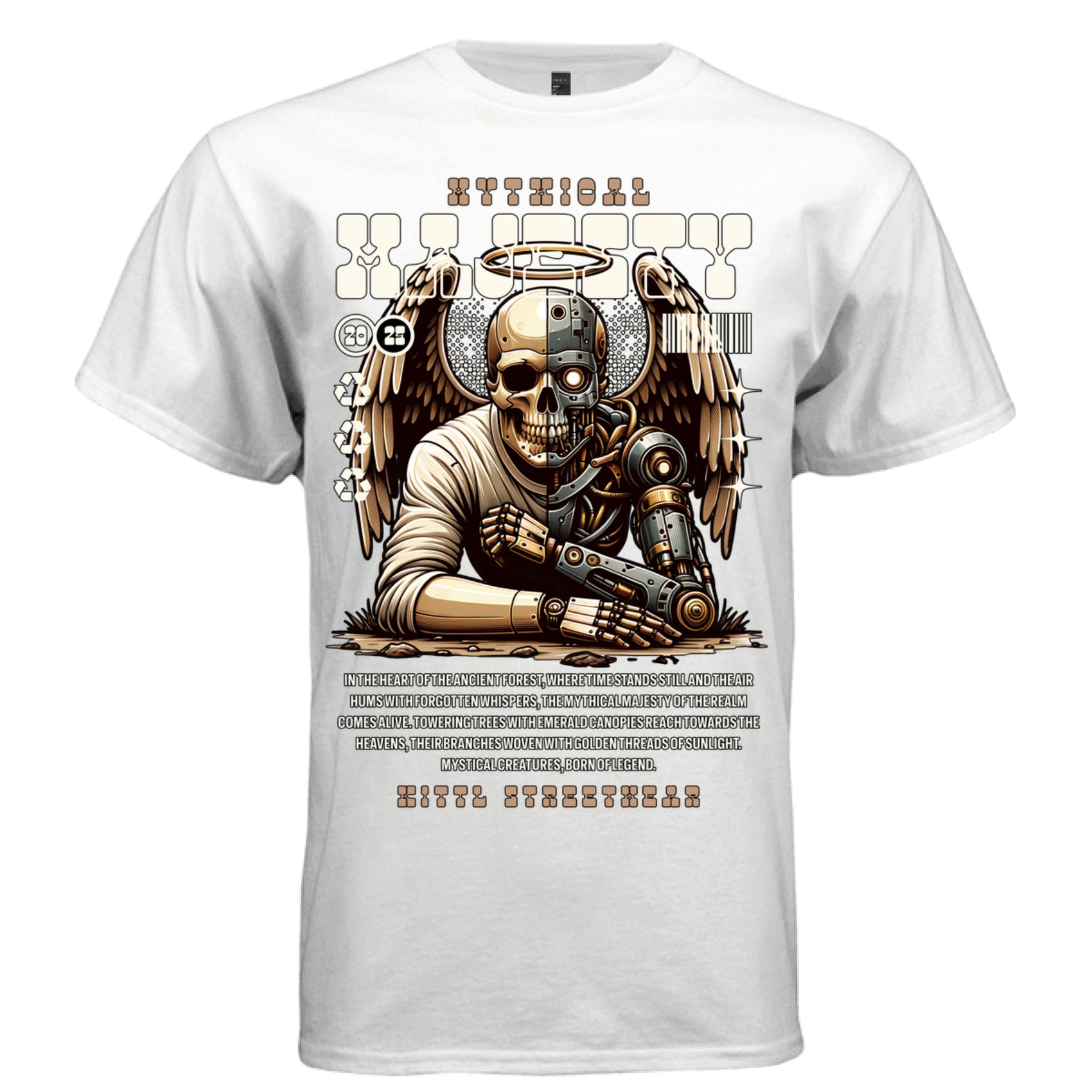 Half skull half robot cyborg angel wings halo vintage cream tan kneeling tee Project Hood