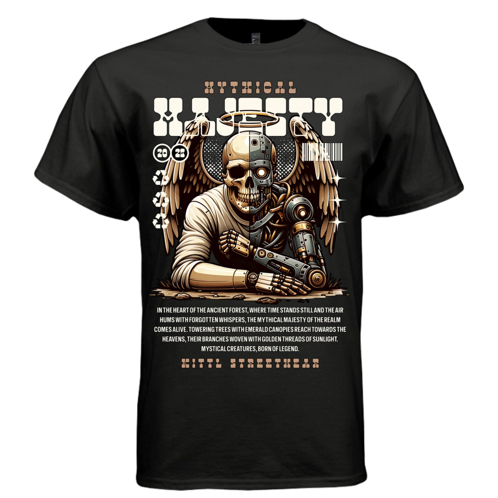 Kneeling robot skull angel wings halo vintage cream retro typography t-shirt Project Hood