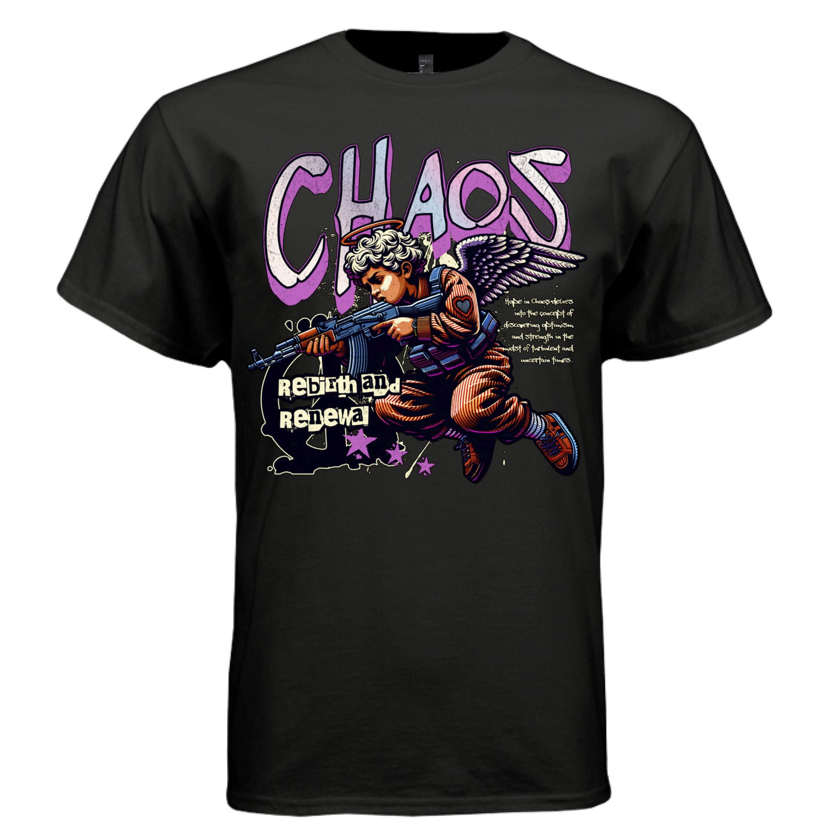 Bold pink CHAOS typography with halo angel weapon faith streetwear graphic shirt Project Hood