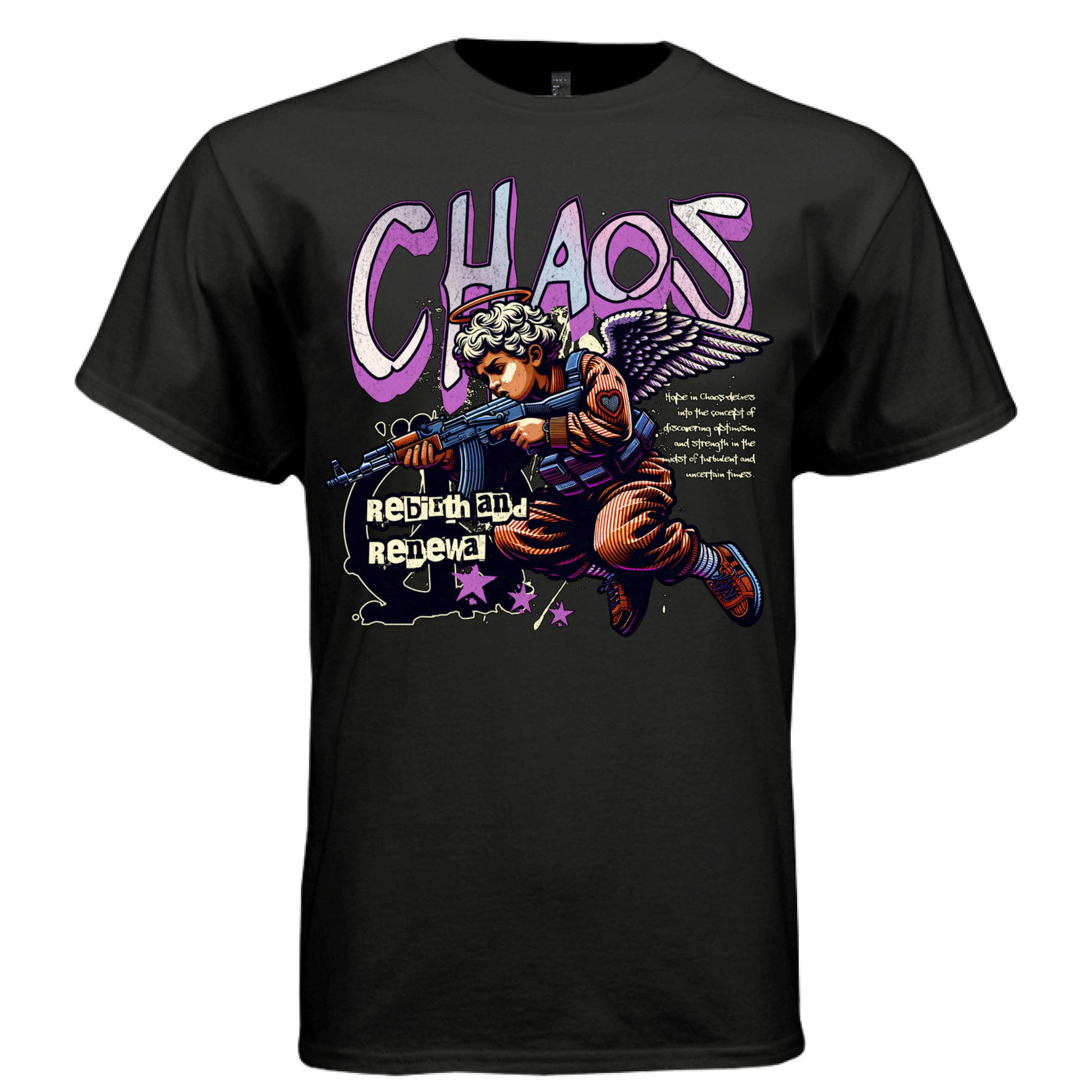 Bold pink CHAOS typography with halo angel weapon faith streetwear graphic shirt Project Hood