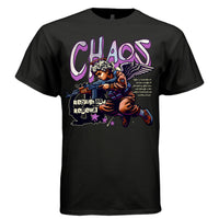 Bold pink CHAOS typography with halo angel weapon faith streetwear graphic shirt Project Hood