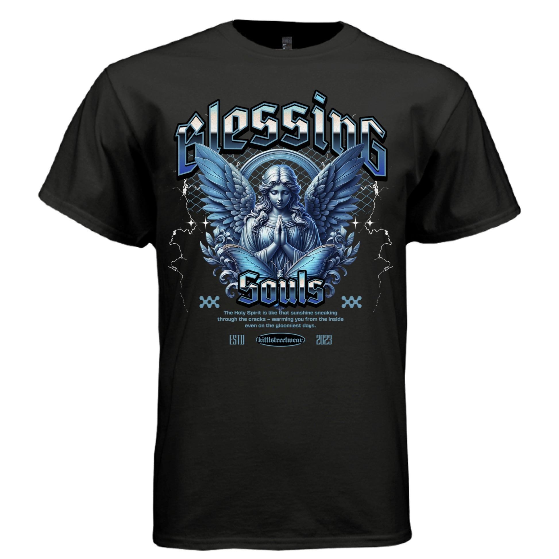 Faith-grounded praying angel with blue wings halo foliage urban streetwear shirt Project Hood