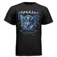 Faith-grounded praying angel with blue wings halo foliage urban streetwear shirt Project Hood