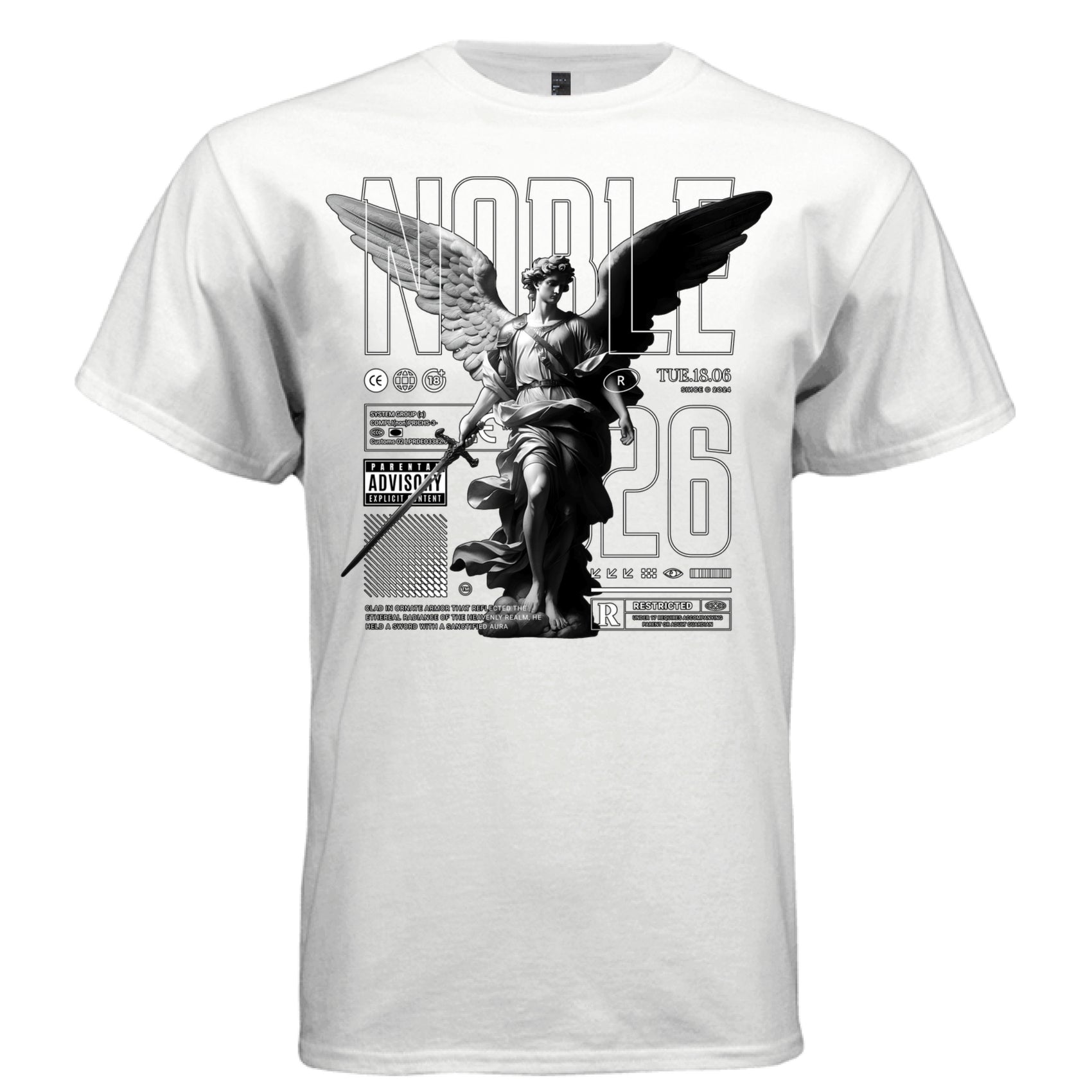 Classical marble archangel one white one dark wing holding sword parental advisory graphic shirt Project Hood