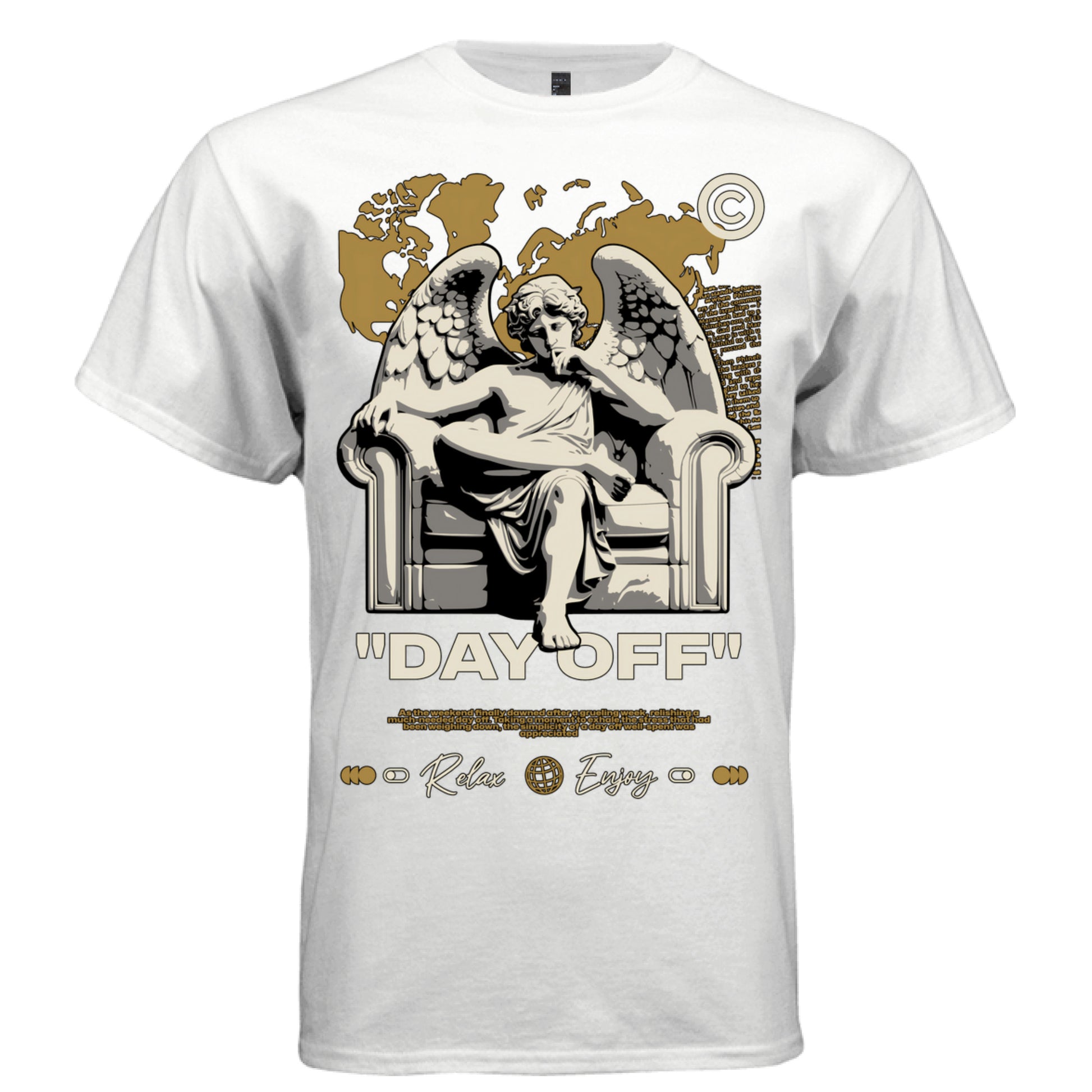 Classical stone angel legs crossed thinking pose armchair Relax Enjoy gold cursive graphic shirt Project Hood