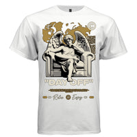 Classical stone angel legs crossed thinking pose armchair Relax Enjoy gold cursive graphic shirt Project Hood