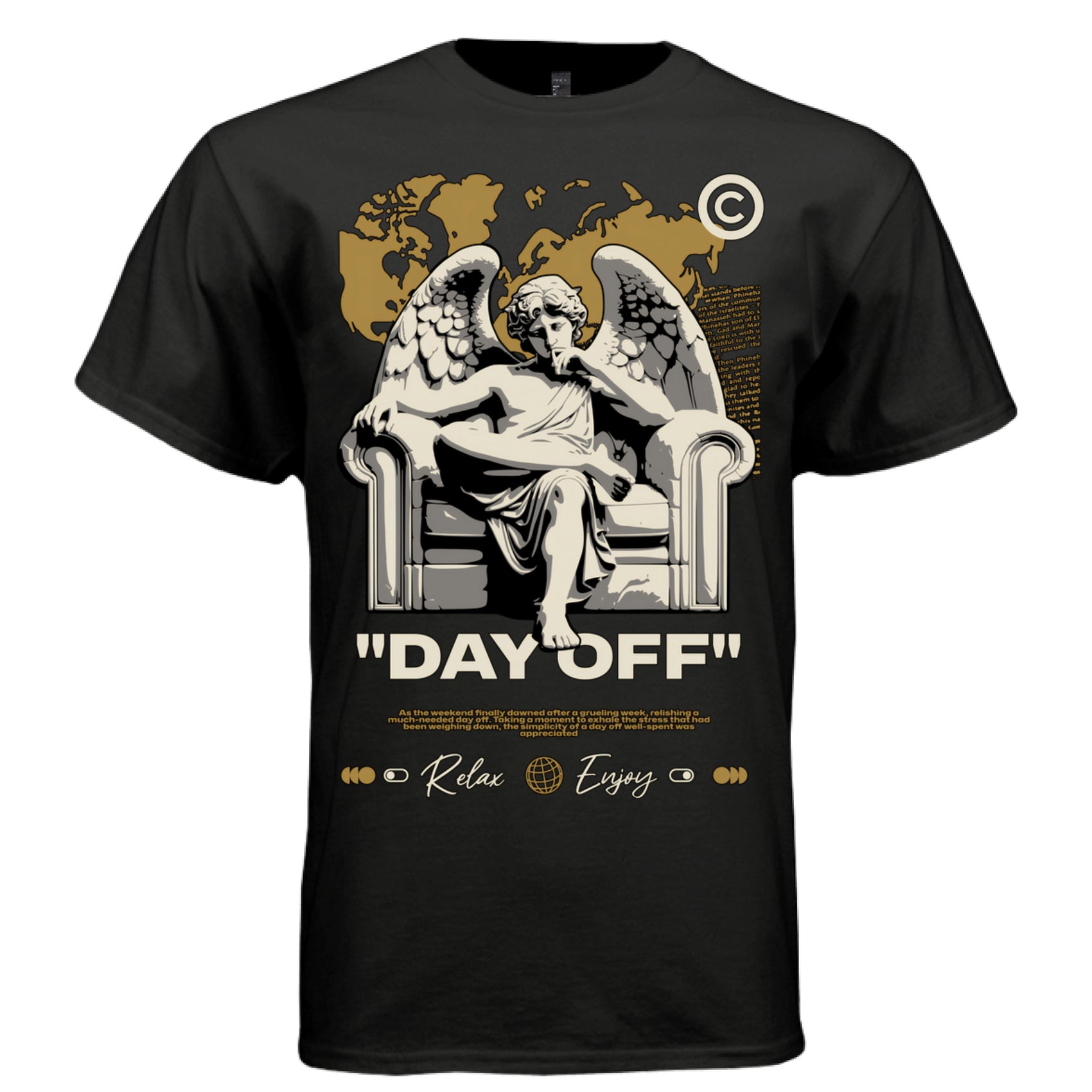 Marble angel armchair quotation marks DAY OFF serif lettering gold map urban shirt Project Hood