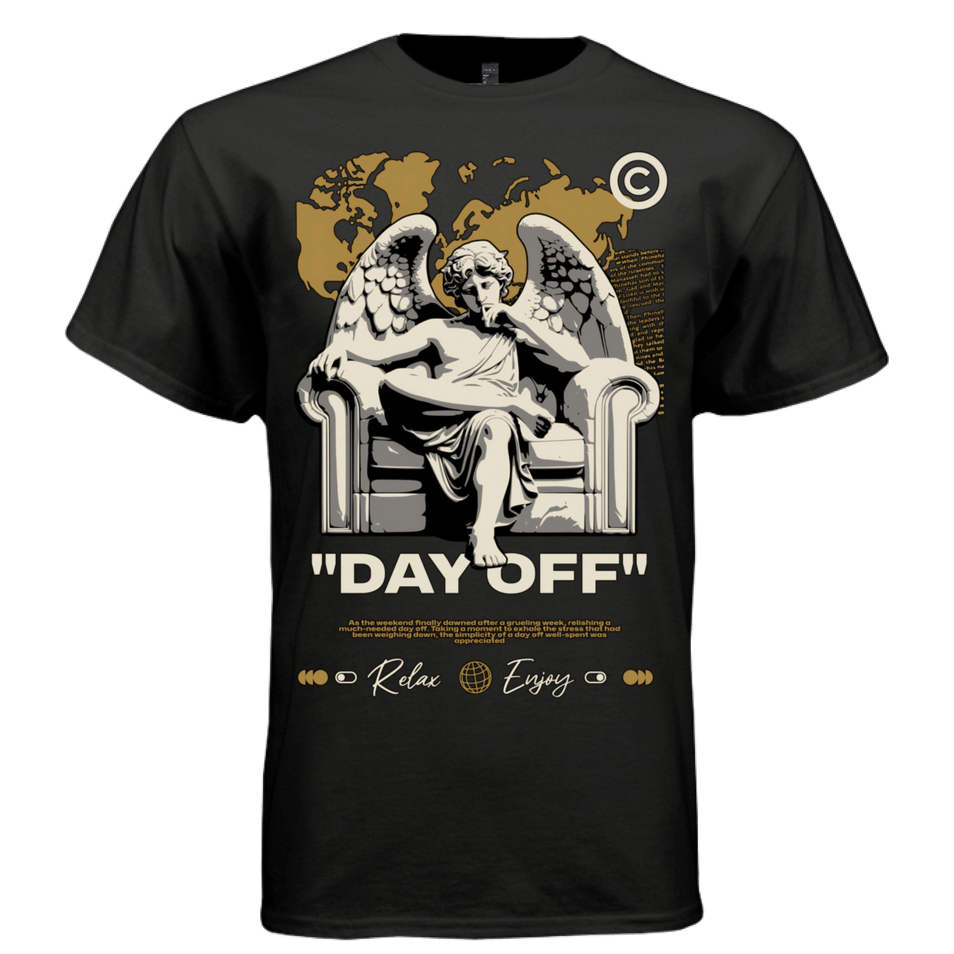 Marble angel armchair quotation marks DAY OFF serif lettering gold map urban shirt Project Hood