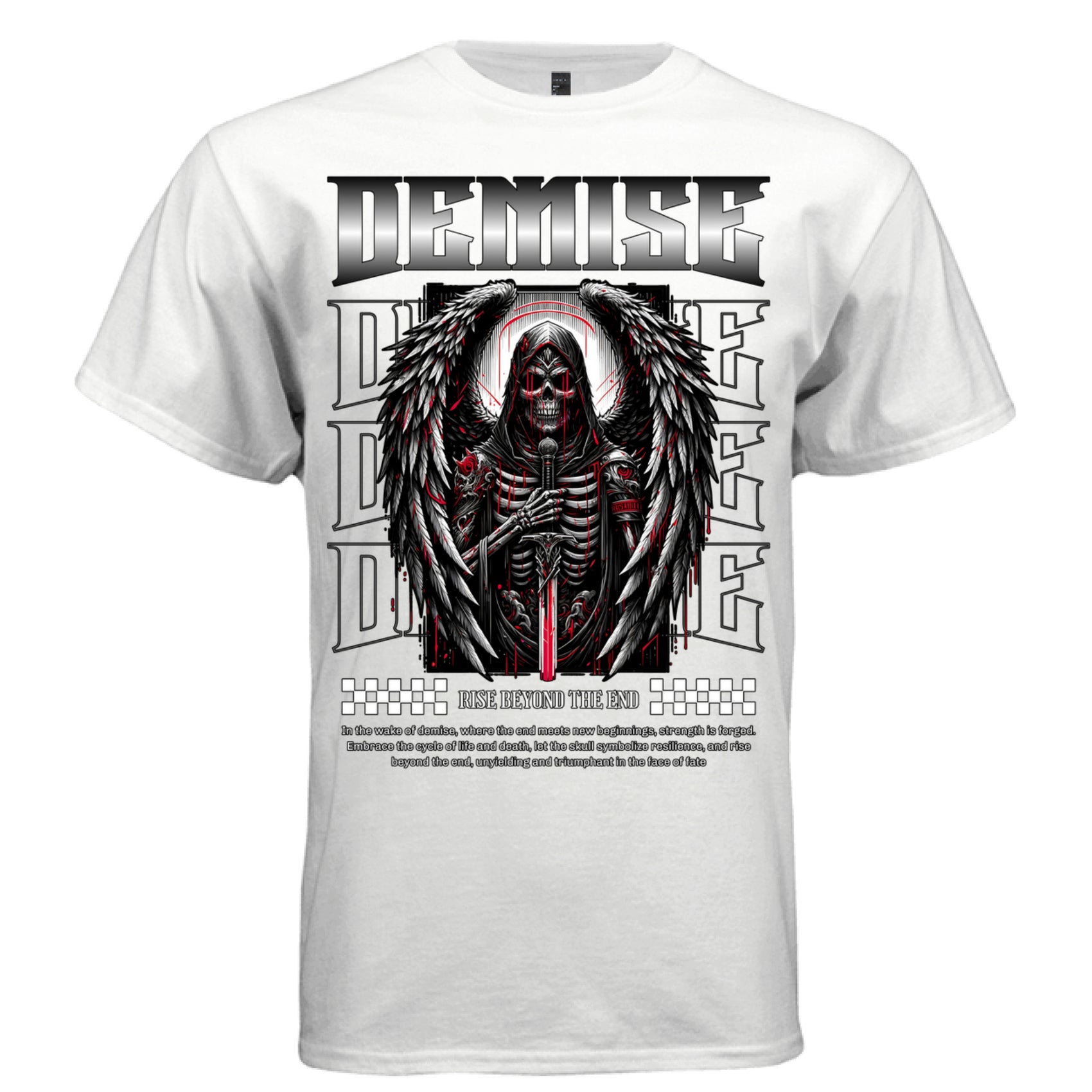 Hooded skull reaper with angel wings dripping red sword rise beyond the end graphic shirt Project Hood