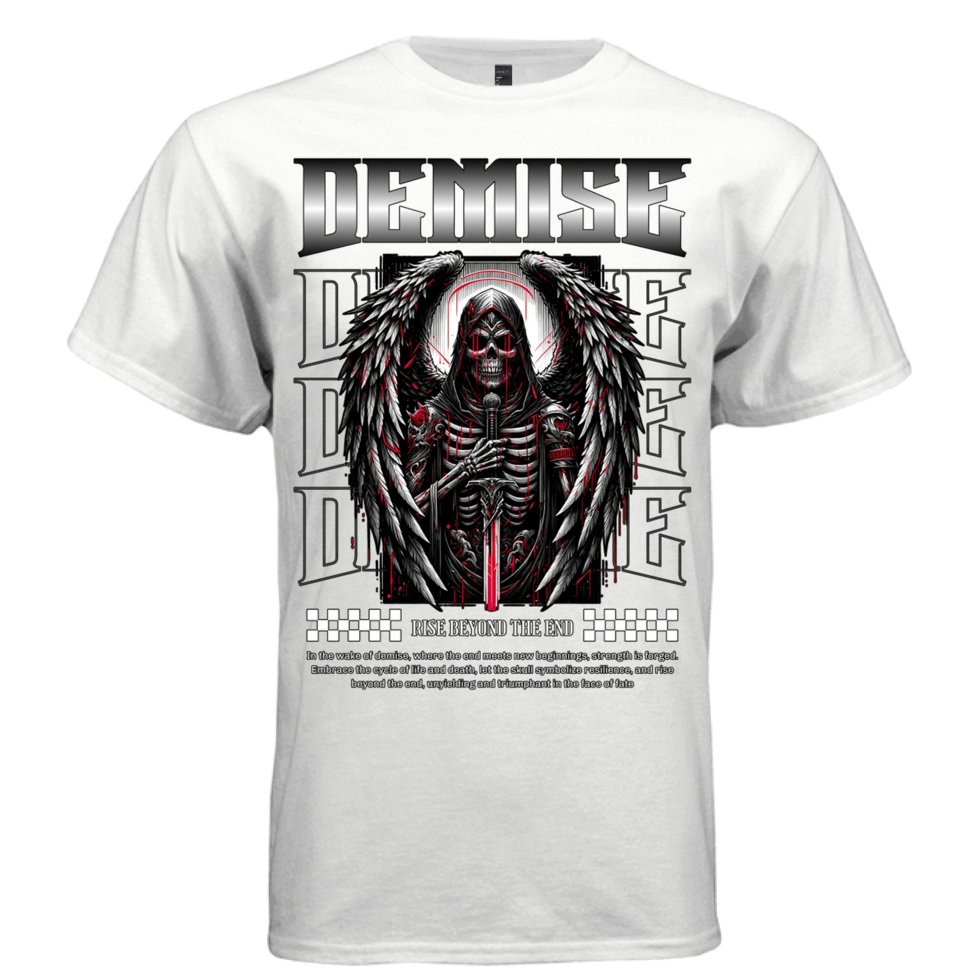 Hooded skull reaper with angel wings dripping red sword rise beyond the end graphic shirt Project Hood