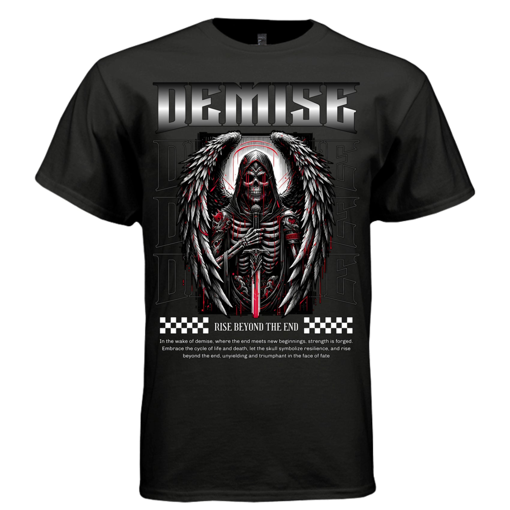 Death angel demise chrome font skull face dripping sword dark faith streetwear DTG printed tee Project Hood