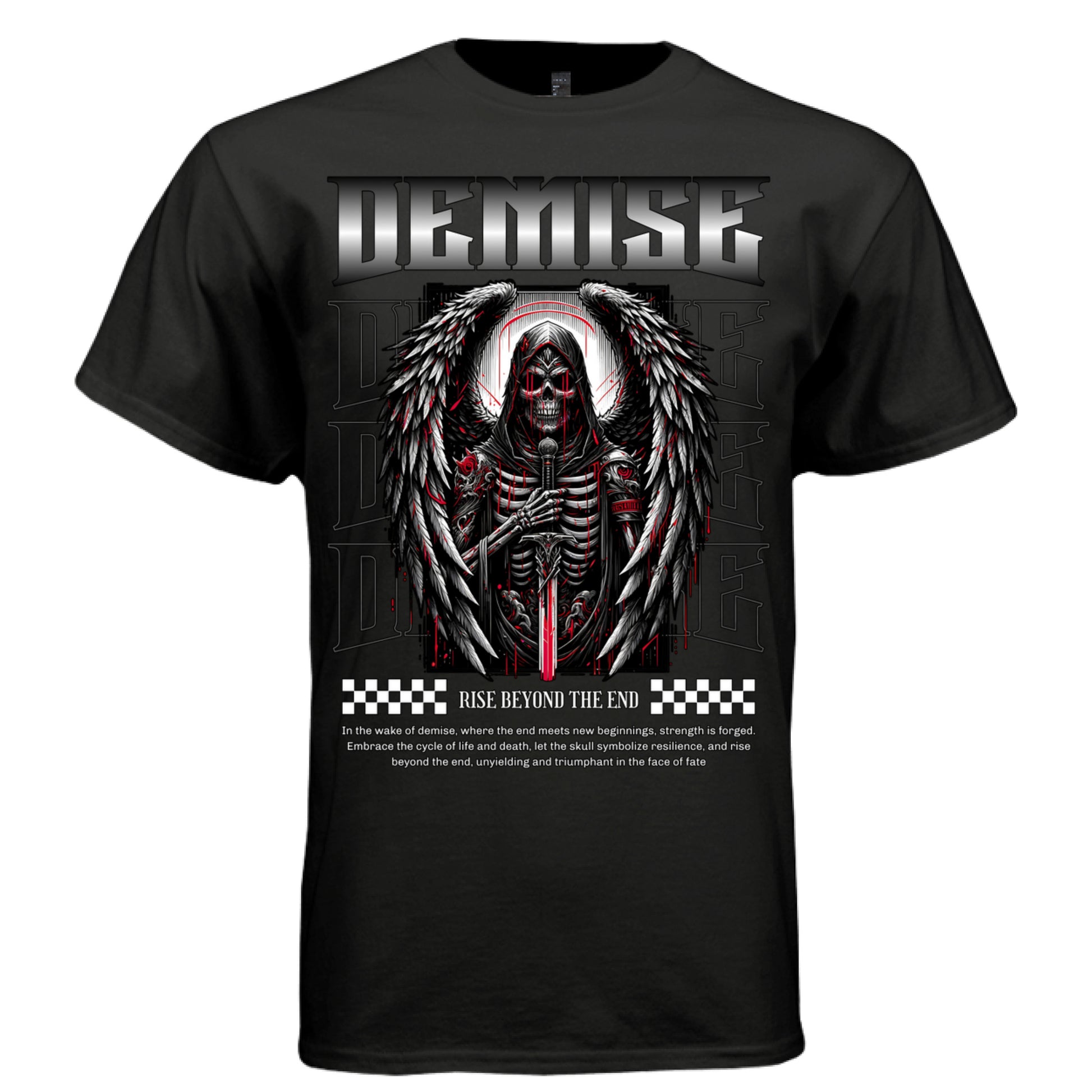 Death angel demise chrome font skull face dripping sword dark faith streetwear DTG printed tee Project Hood