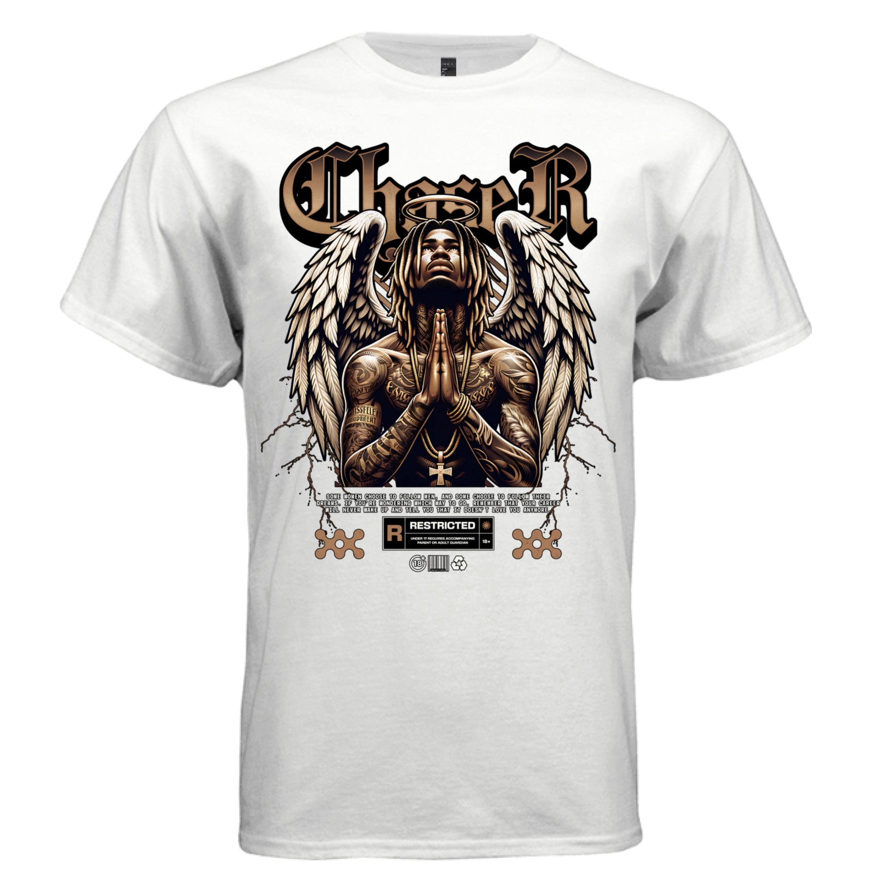 Dream chaser angel tattoo sleeves gold baroque gothic blackletter letters faith graphic shirt Project Hood