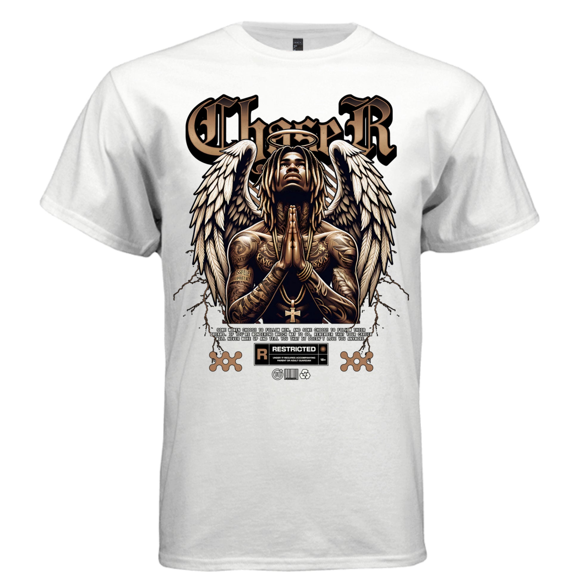 Dream chaser angel tattoo sleeves gold baroque gothic blackletter letters faith graphic shirt Project Hood