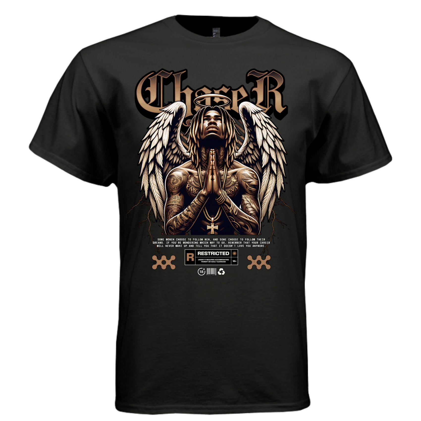 Gold chain cross pendant tattooed angel praying halo locs streetwear faith graphic tee Project Hood