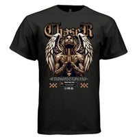 Gold chain cross pendant tattooed angel praying halo locs streetwear faith graphic tee Project Hood