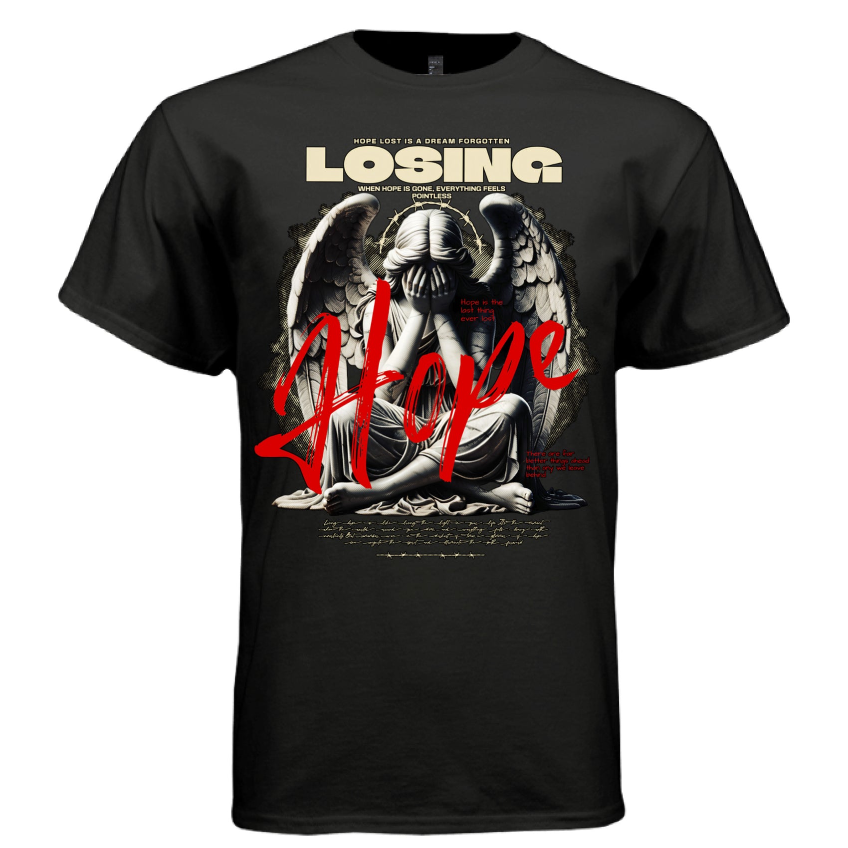 Weeping angel barbed wire crown seated grief red hope script independent urban streetwear DTG shirt Project Hood