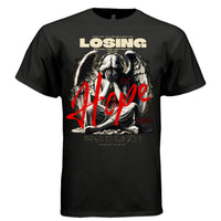 Weeping angel barbed wire crown seated grief red hope script independent urban streetwear DTG shirt Project Hood