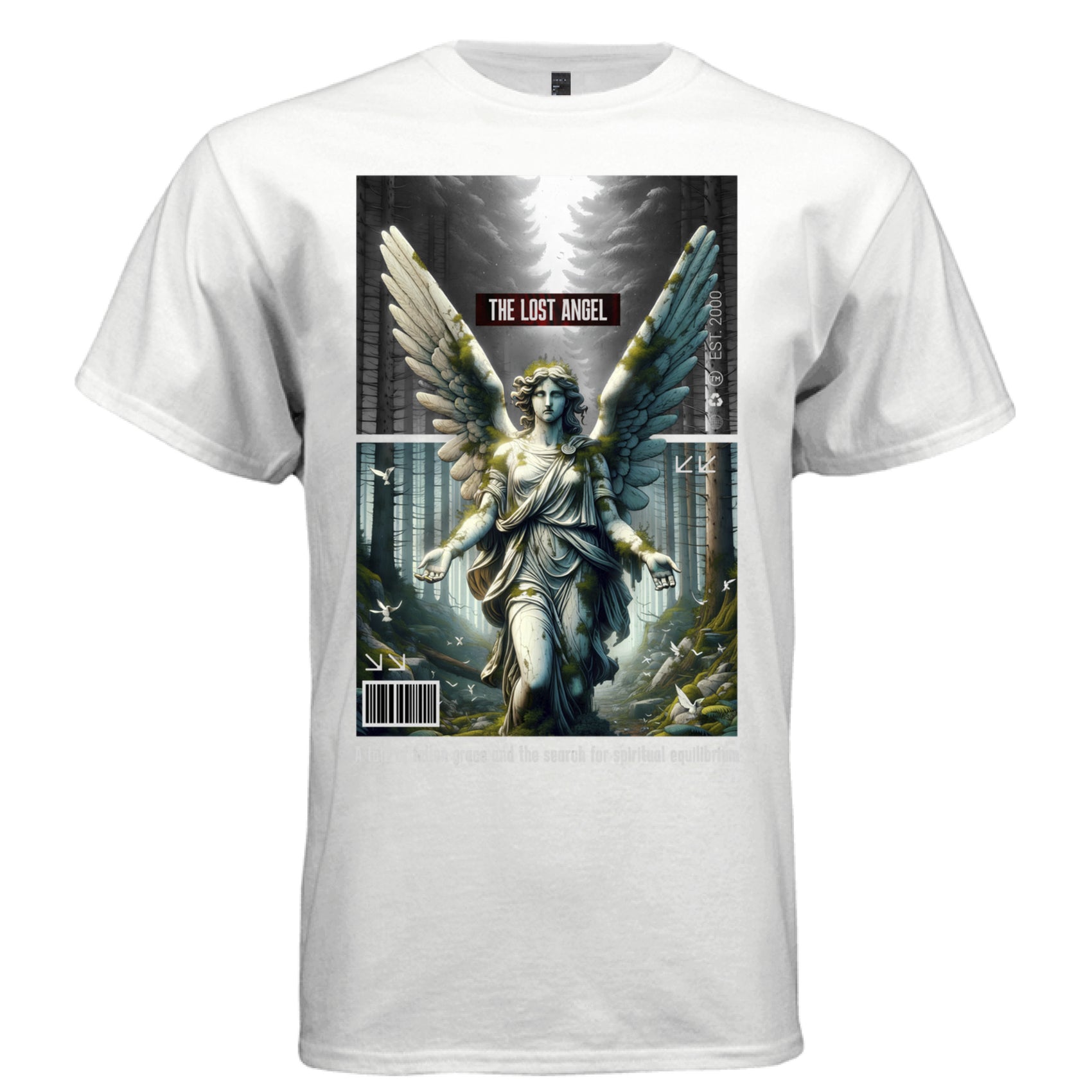 Fallen grace marble angel with moss-covered teal and ivory wings dark pine forest graphic shirt Project Hood