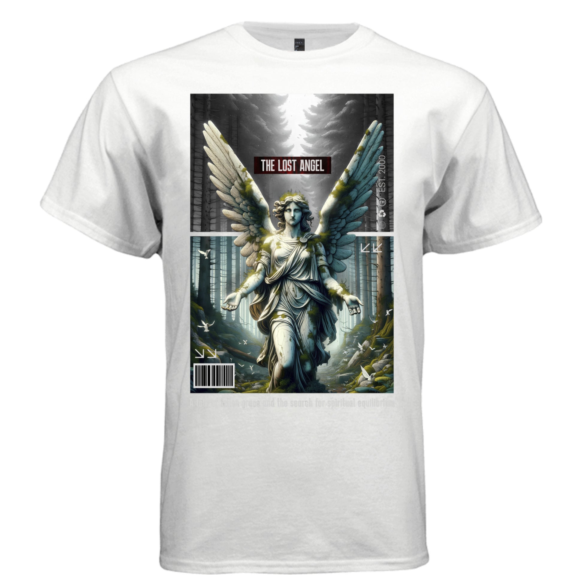 Fallen grace marble angel with moss-covered teal and ivory wings dark pine forest graphic shirt Project Hood