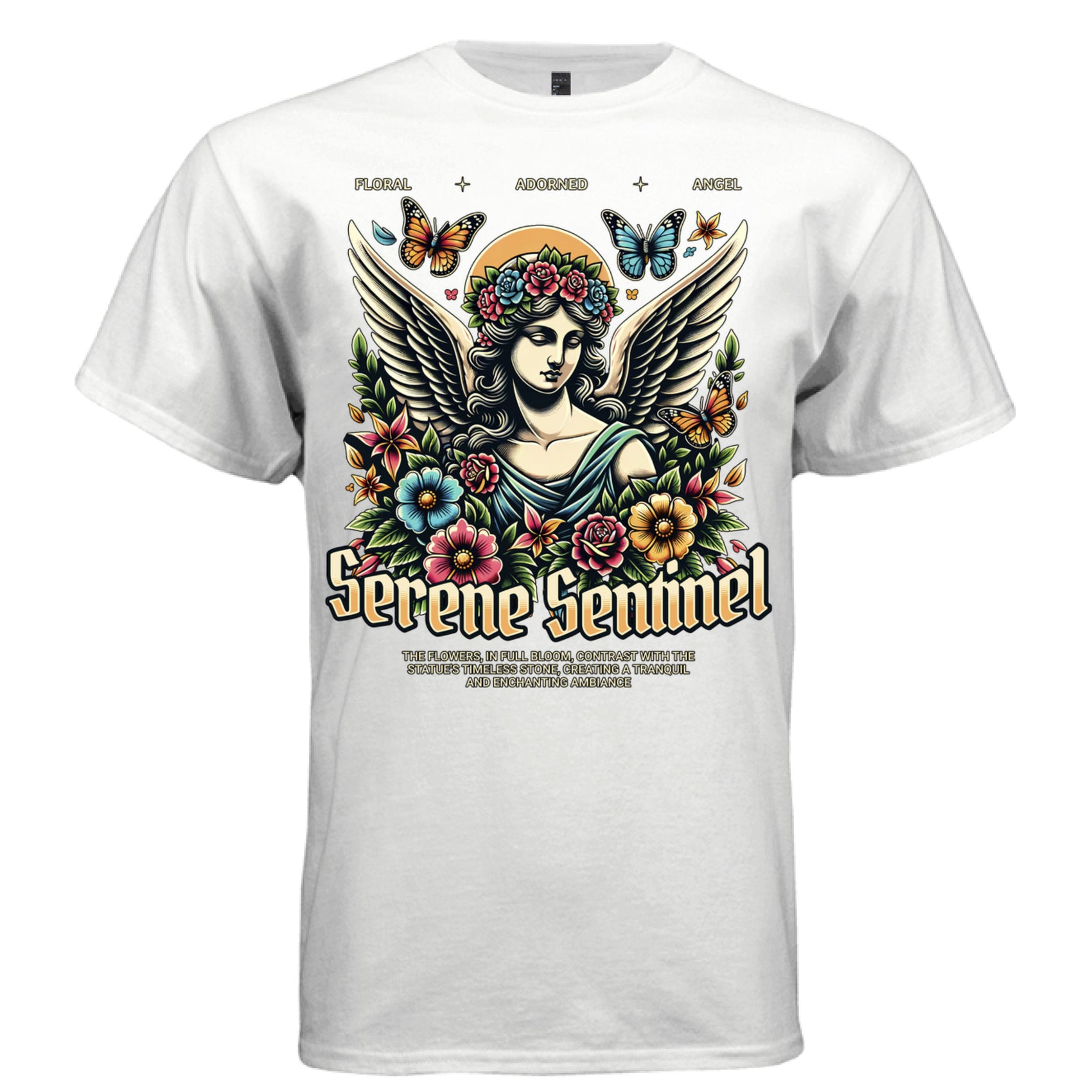 Stone angel with flower crown roses butterflies vibrant tropical garden full-color graphic shirt Project Hood