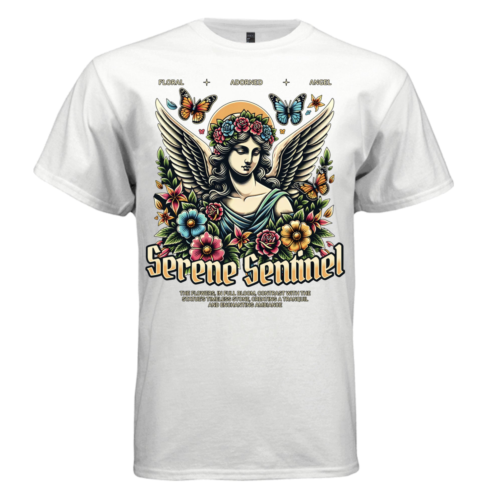 Stone angel with flower crown roses butterflies vibrant tropical garden full-color graphic shirt Project Hood