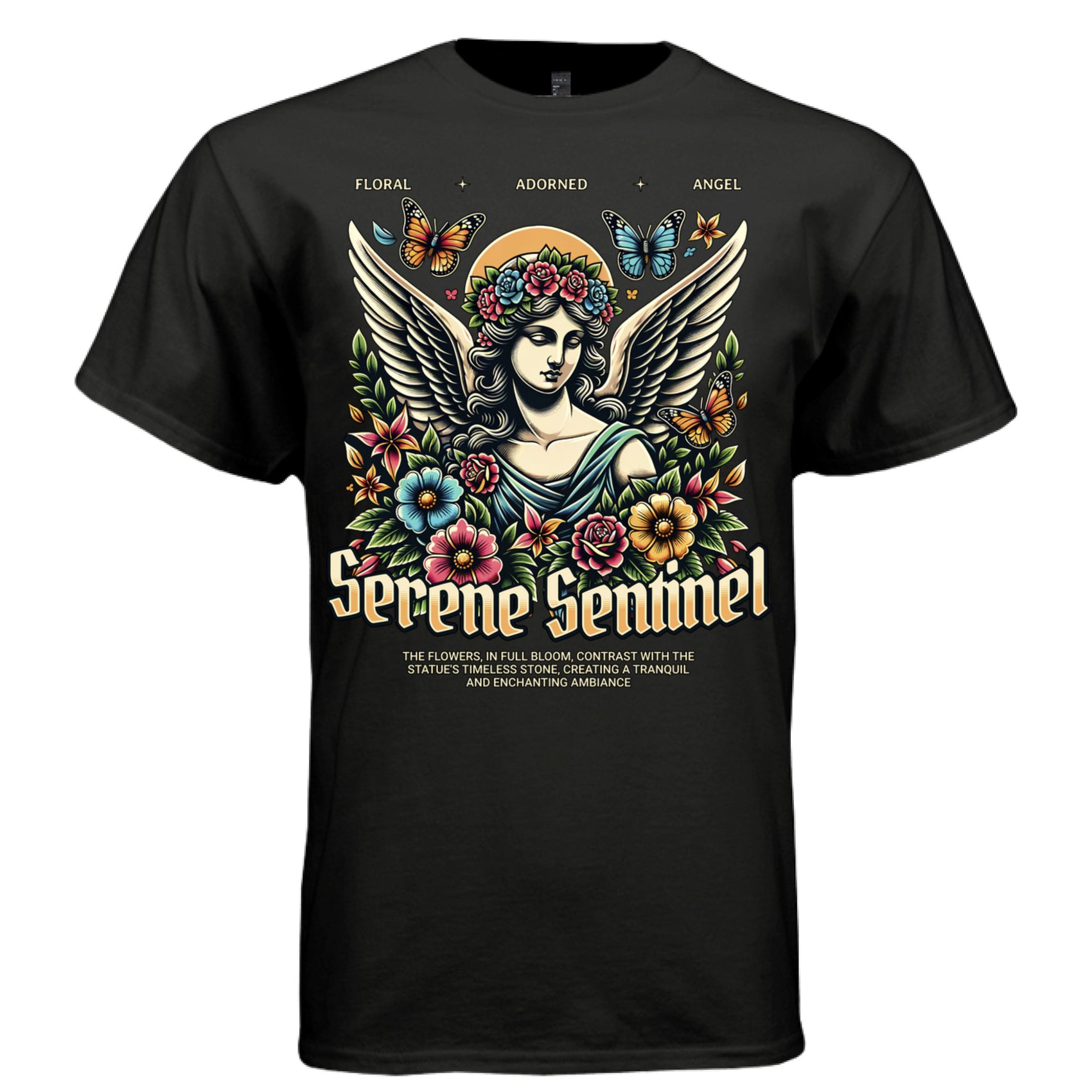 Floral angel bust with monarch butterflies and tropical blooms gold gothic Serene Sentinel tee Project Hood