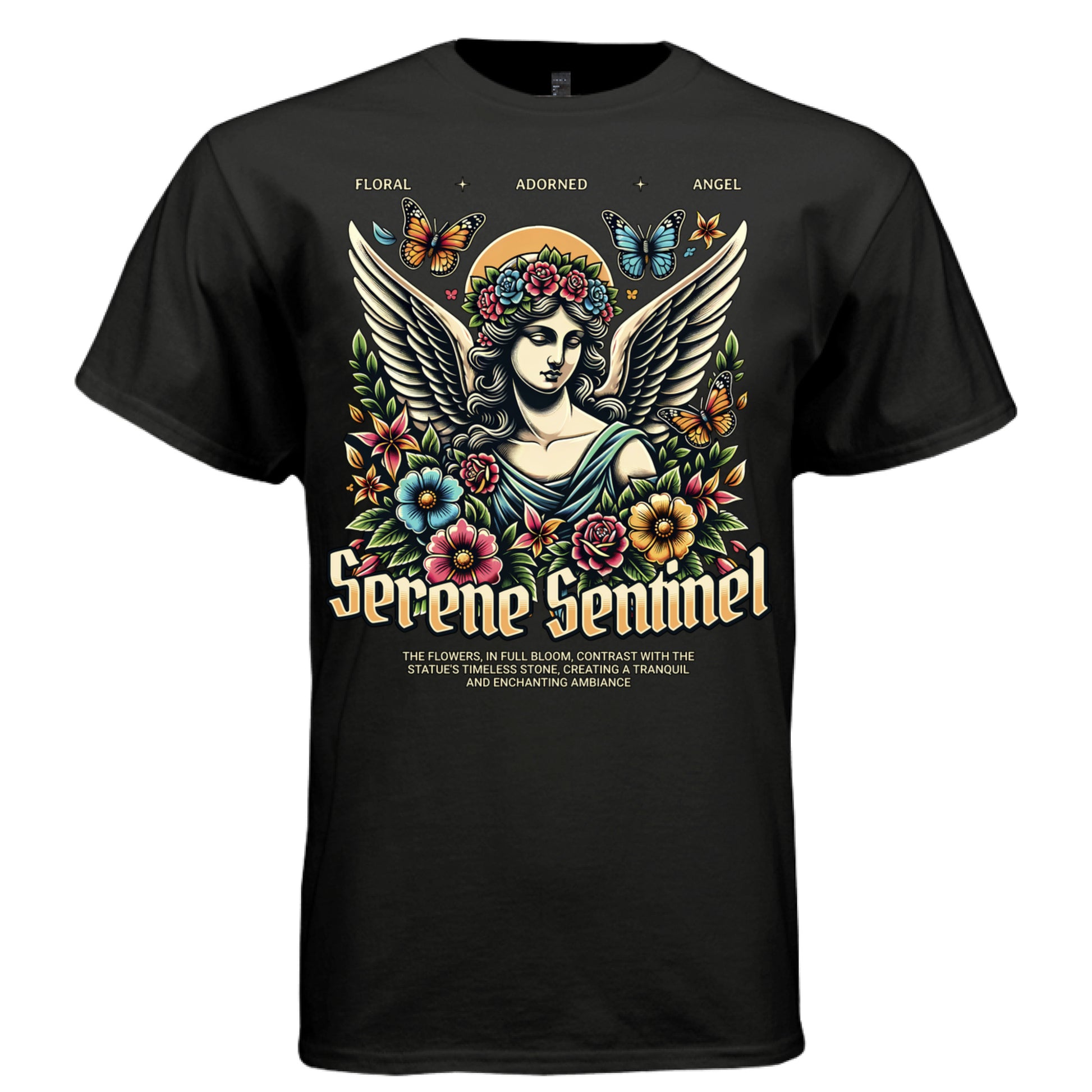 Floral angel bust with monarch butterflies and tropical blooms gold gothic Serene Sentinel tee Project Hood