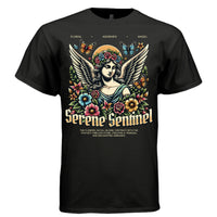 Floral angel bust with monarch butterflies and tropical blooms gold gothic Serene Sentinel tee Project Hood