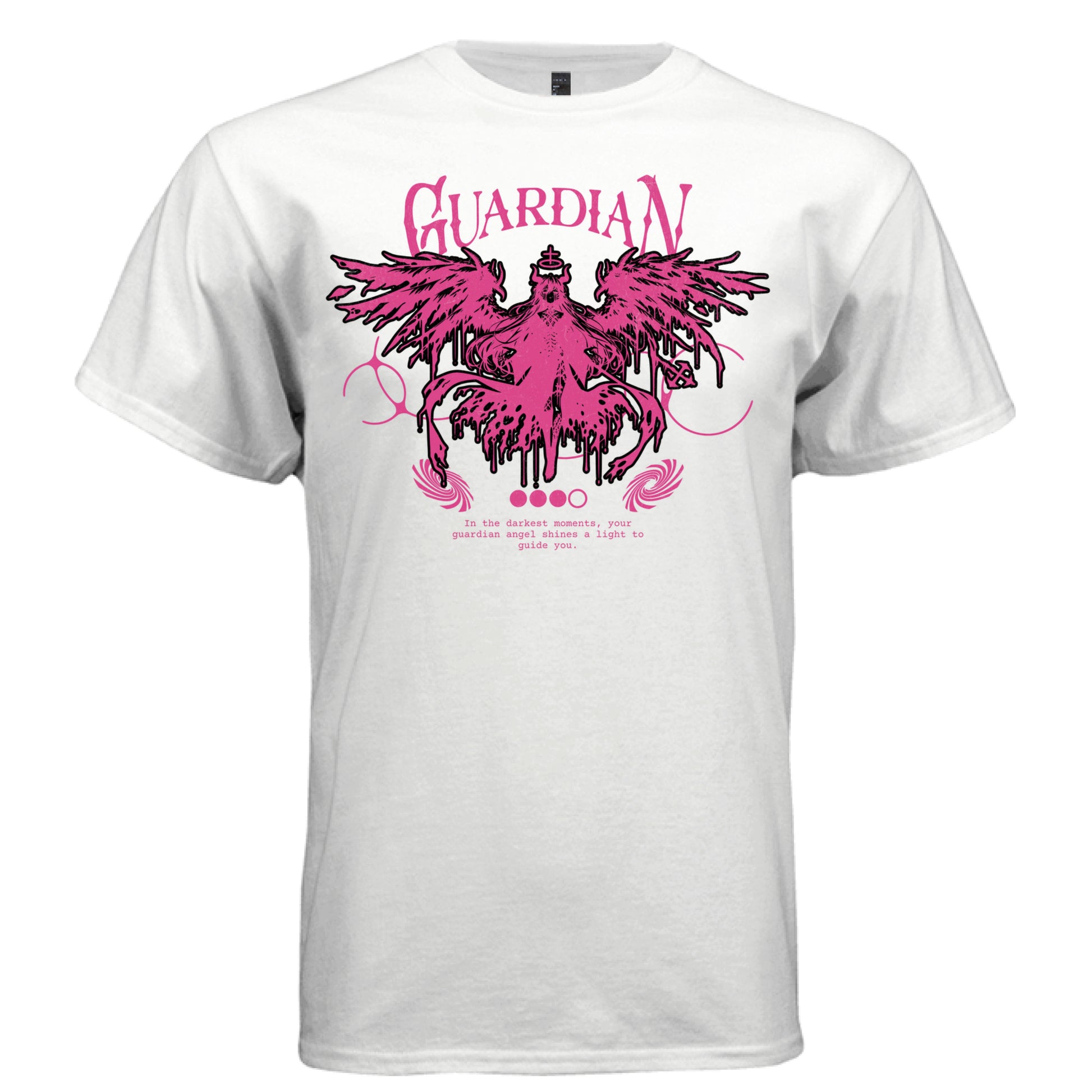 Hot pink dripping guardian angel wings horns papal cross halo darkest moments graphic shirt Project Hood