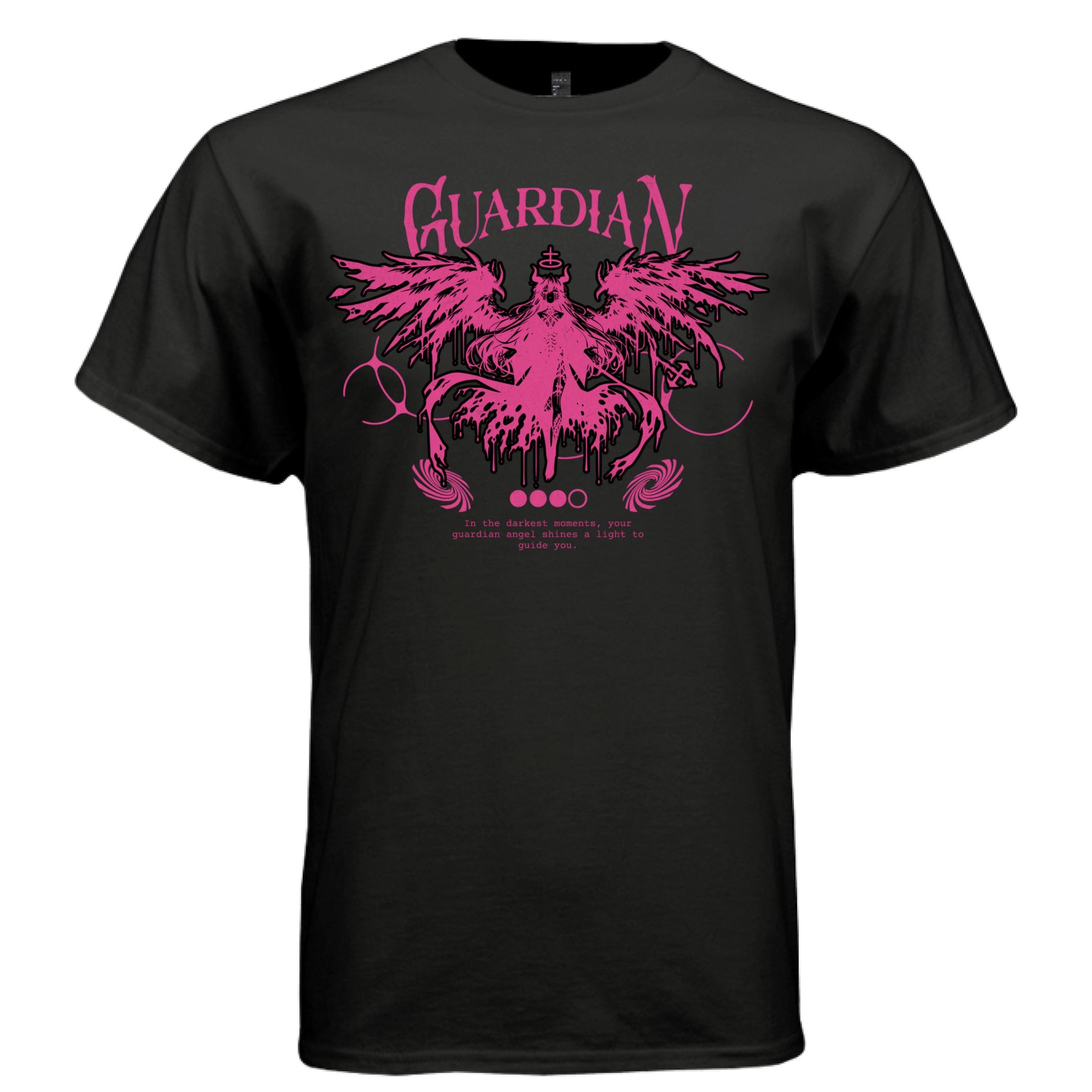 Pink guardian angel creature wings horns cross halo swirl decorations independent streetwear DTG shirt Project Hood