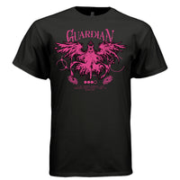 Pink guardian angel creature wings horns cross halo swirl decorations independent streetwear DTG shirt Project Hood
