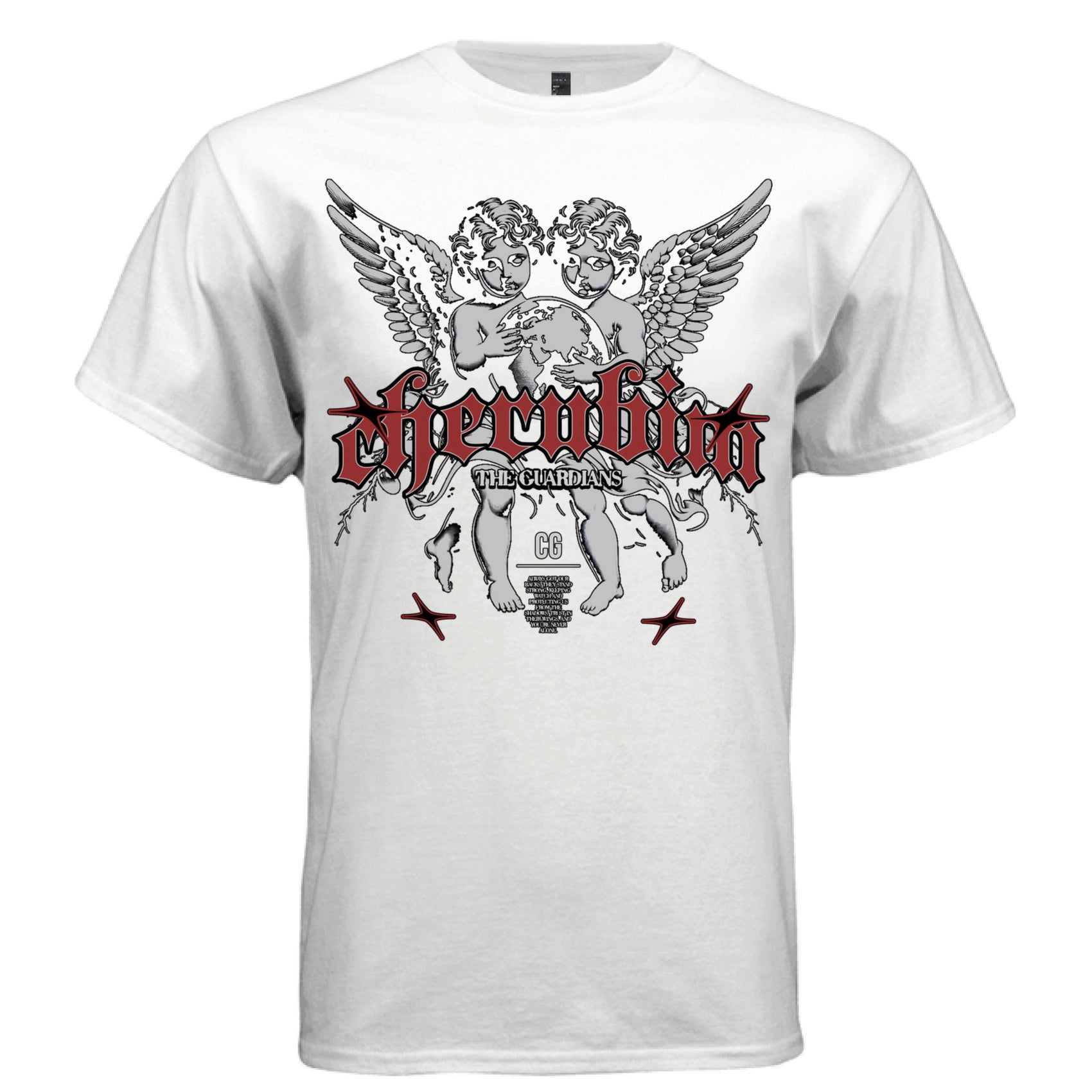Two cherub angels with red gothic metal Cherubin typography oversized t-shirt