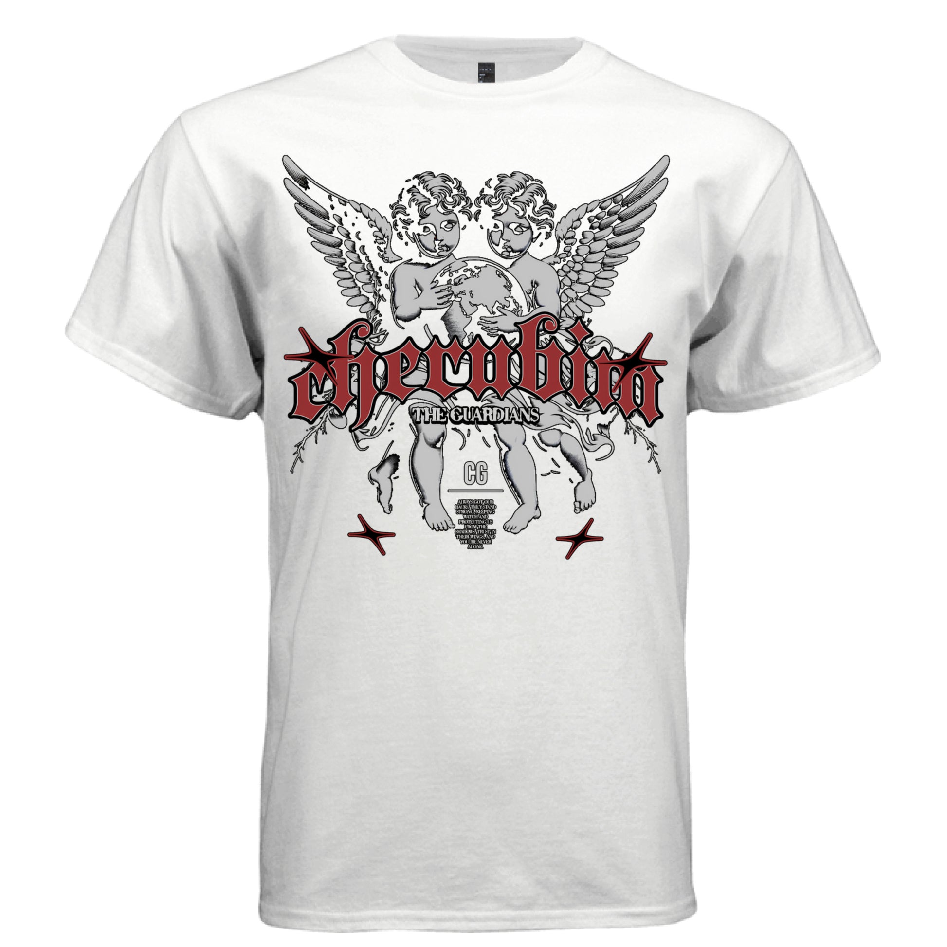 Two cherub angels with red gothic metal Cherubin typography oversized t-shirt